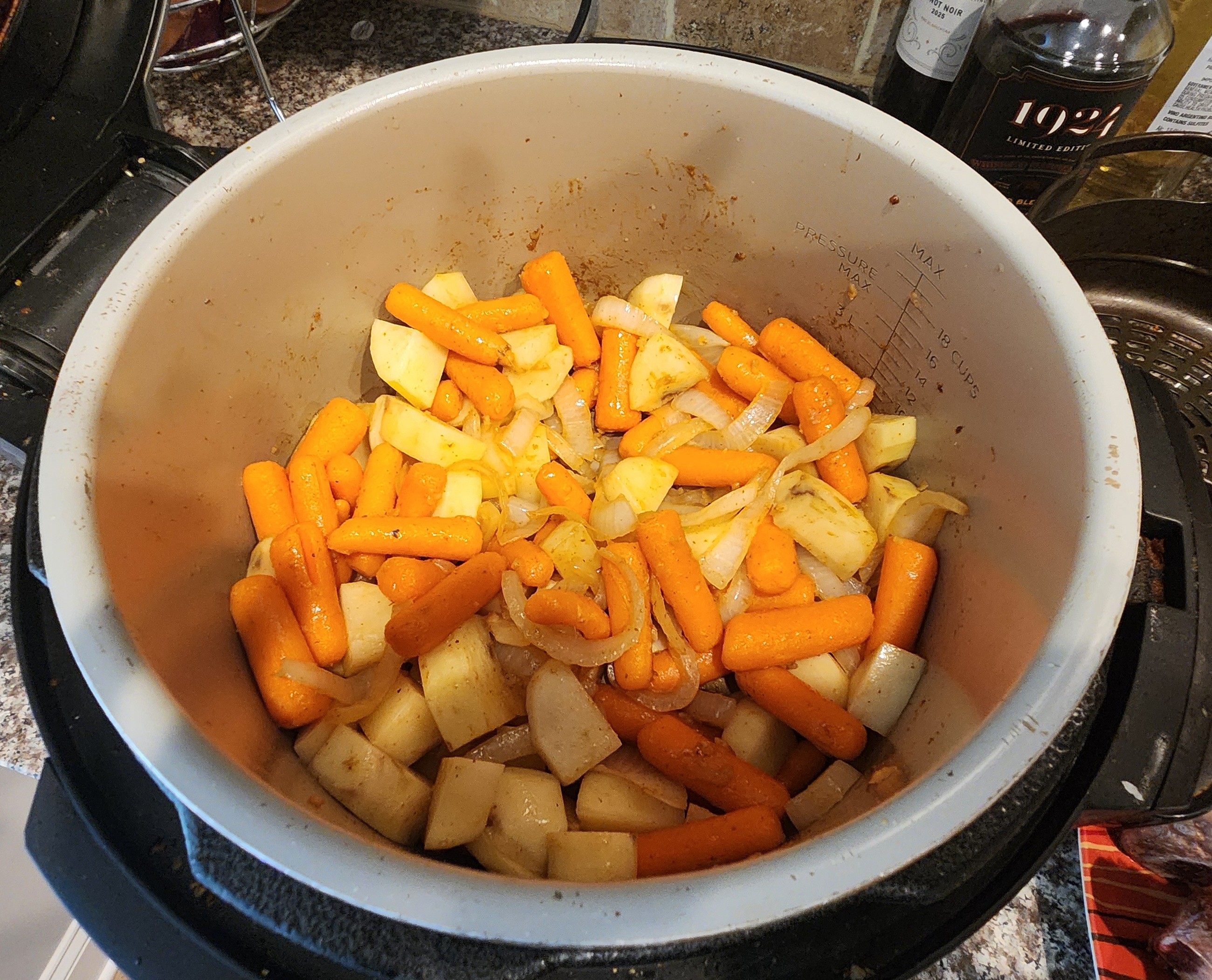 Adding vegetables and seasoning to the pot