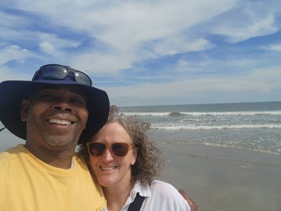 Oceanfront selfie enjoying the sunny skies and Atlantic surf along the quiet shoreline.